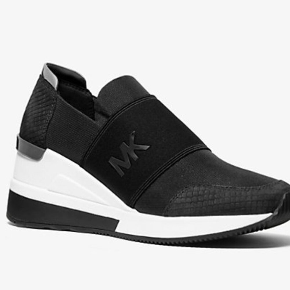 Michael Kors Felix Canvas and Snake-Embossed Nubuck Trainer Wedge Sneakers